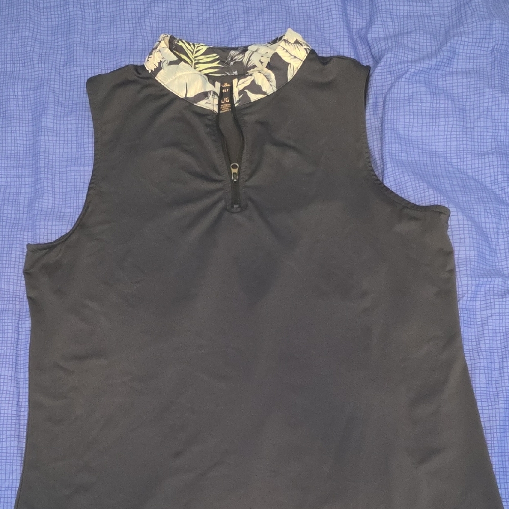 Tommy Bahama Black Tank Top with Leaf Print Collar